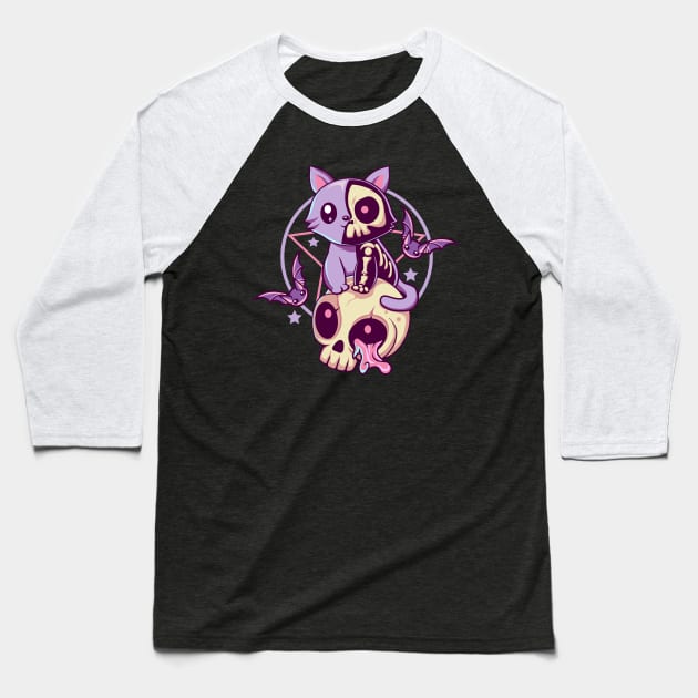 Skull Cat Kawaii Gothic Baseball T-Shirt by DionArts
